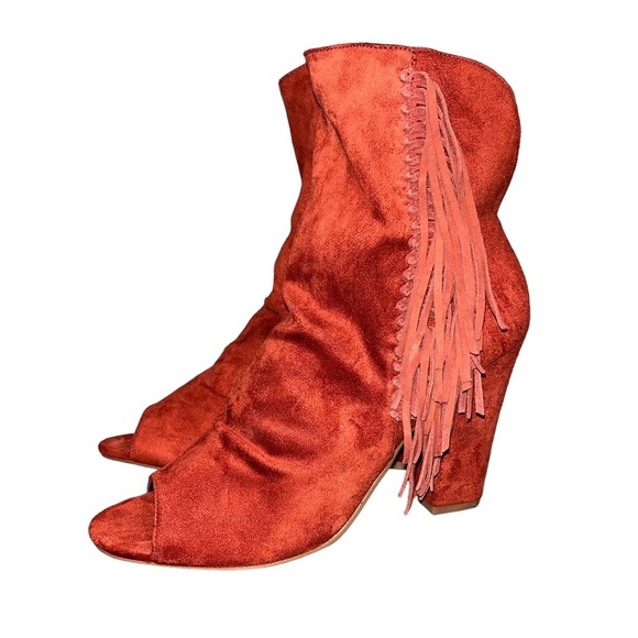 NEW ASOS Red Elaine Fringed Peep Toe Booties - Picture 5 of 11
